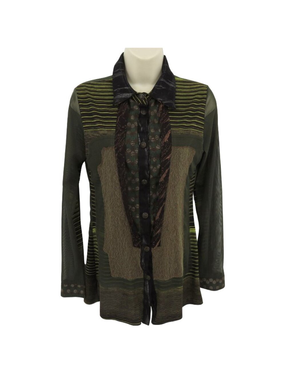 ANAC by Kimi Women Medium Textured Button Front Collar Sheer Stripe Shirt Y2K